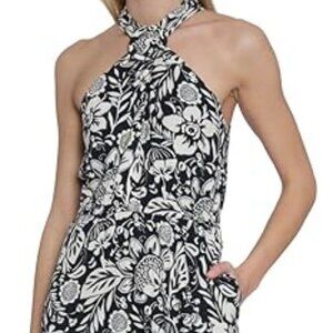 Maggy London Tropical Floral‎ Print Halter Midi Dress with Cinched Waist NWT s18